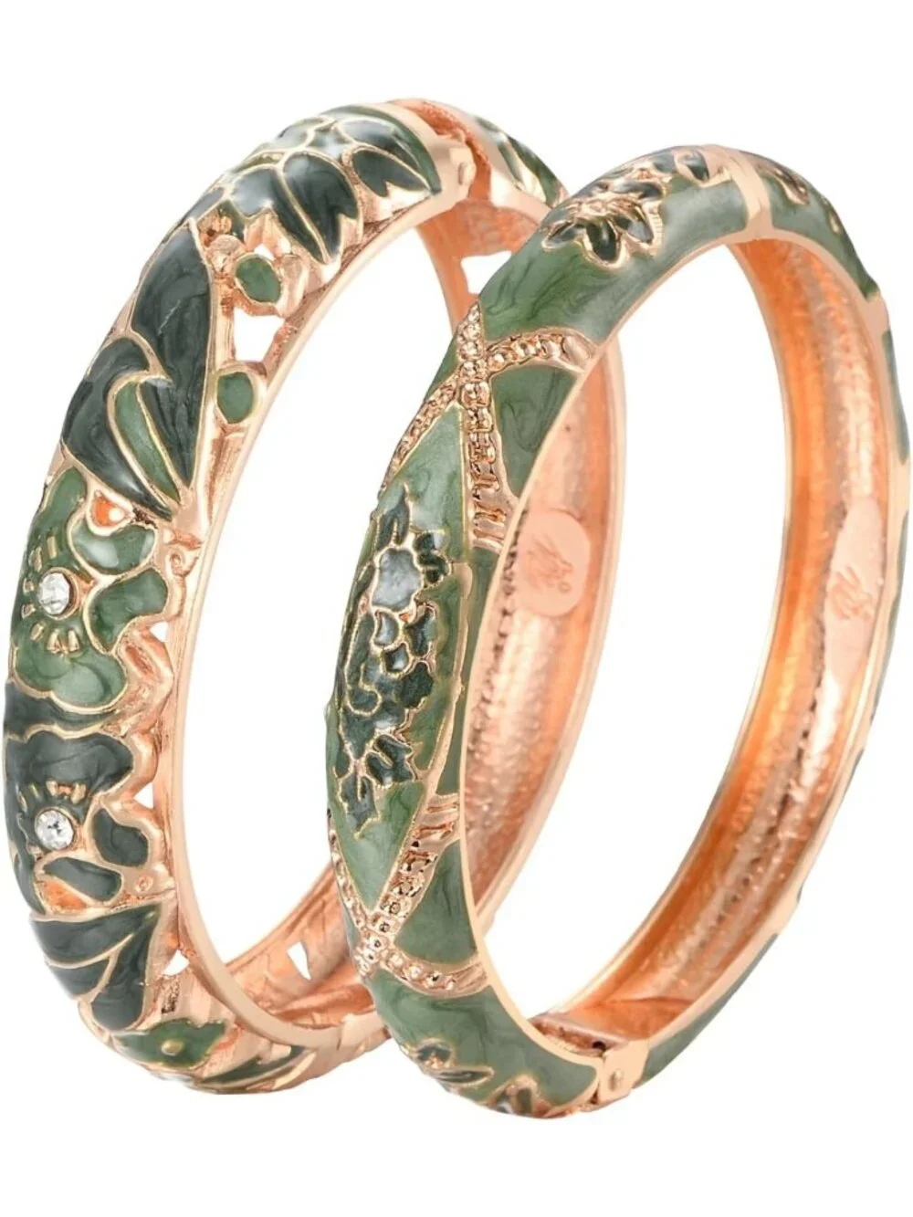 Gorgeous Vintage Cloisonne Enameled Rhinestone Rose Hinged Cuff Bracelet